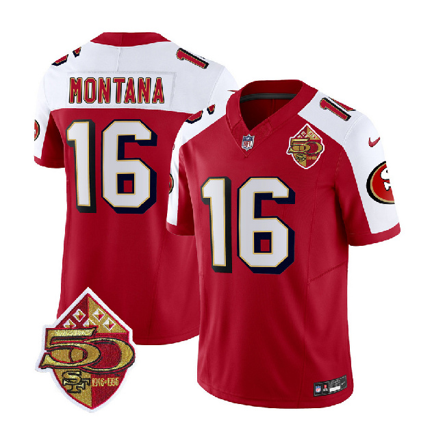 Men's San Francisco 49ers #16 Joe Montana Red/White 2023 F.U.S.E. 50th Patch Throwback Football Stitched Jersey